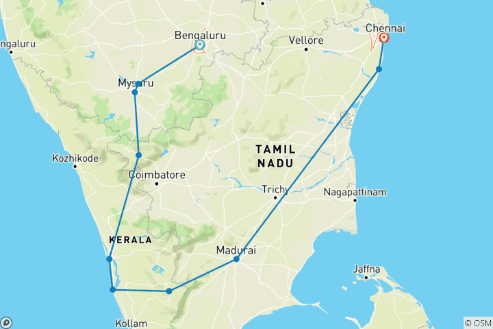 Map of 13 Days Tour of Karnataka, Kerala & Tamil Nadu [South India]