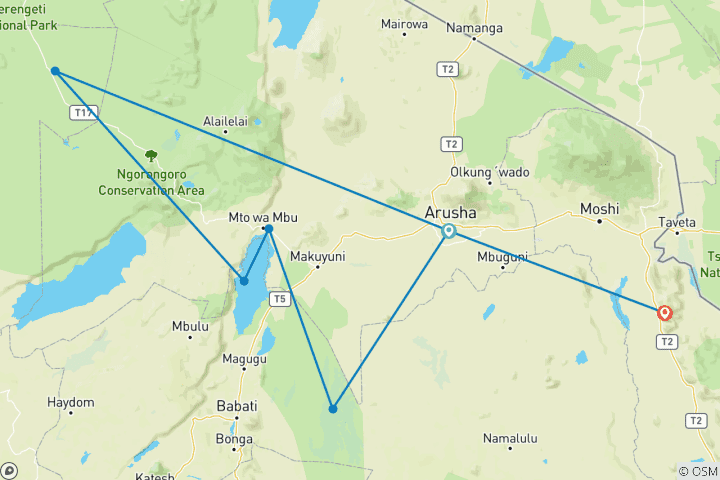 Map of THE SERENGETI, NGORONGORO AND TARANGIRE CAMPING ADVENTURE