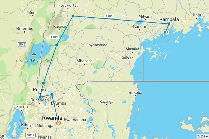 Map of 6 Day Gorillas, Golden Monkeys and Chimp Trek at Kibale Forest