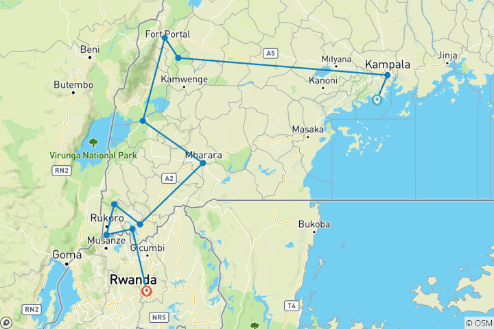 Kaart van 6-daagse gorilla's, gouden apen en chimpansee tocht in Kibale Forest