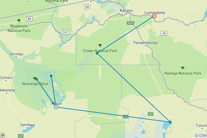 Map of 9 Days - Okavango  Delta Tour, Chobe National Park (Botswana) , Livingstone (Zambia) wildlife-focused safari