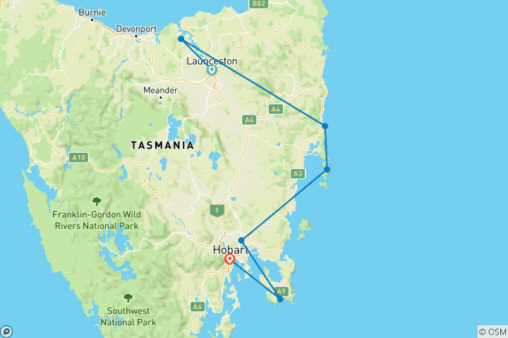 Carte du circuit Escapade en Tasmanie orientale - De Launceston à Hobart (2024)