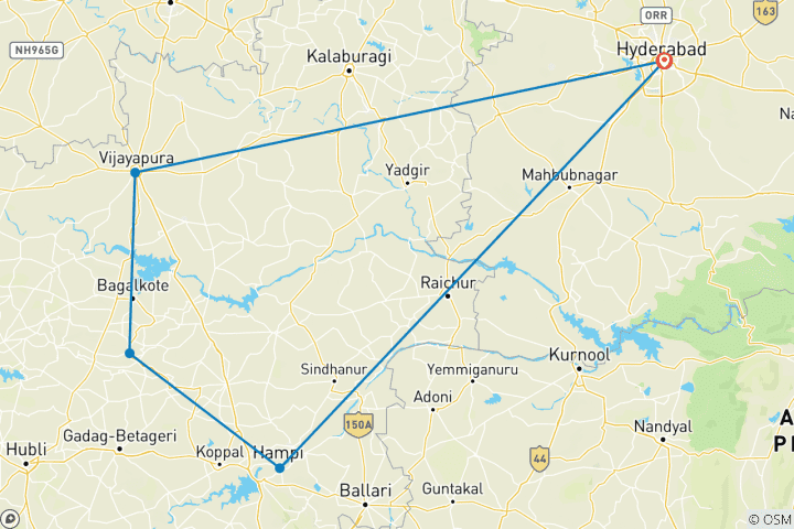 Kaart van Rondreis van Hyderabad naar Bijapur, Badami & Hampi – de koninkrijken ontsluierd