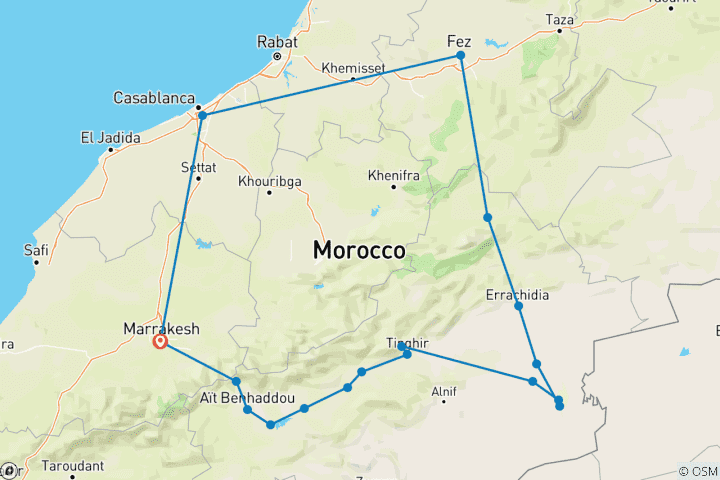 Karte von Marokko Express: Von Marrakesch, Merzouga, Fes und zurück in 4 Tagen (Private Tour)