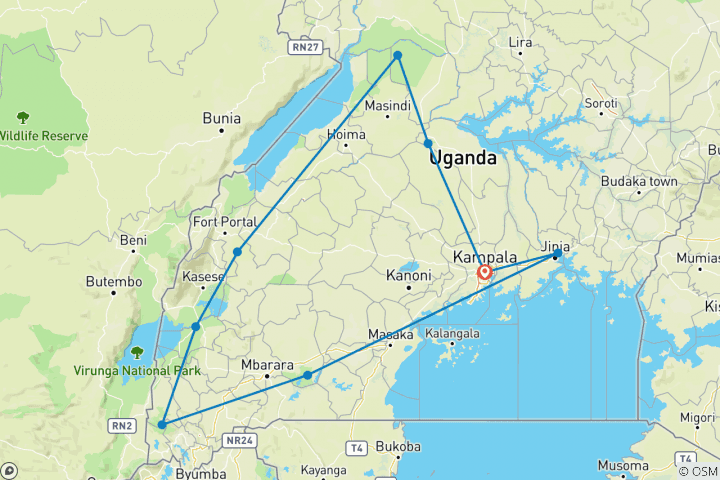 Map of 12 Days Uganda Primates and Wildlife Safari