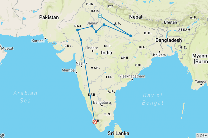 Mapa de Descubre el Alma de la India - 18 días