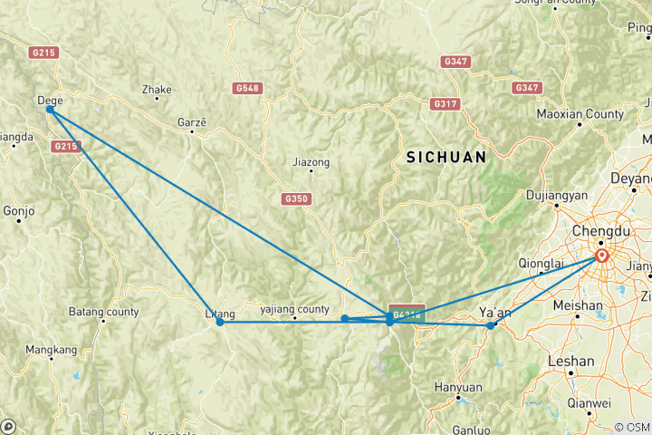 Map of 16-Day Cycling Tour to Kham Tibet(No Need of Tibet Travel Permit), Sichuan Province, China