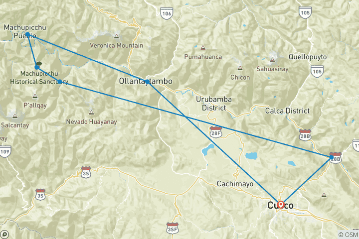 Map of 05 Day Inca Trail to Machu Picchu – Private Service