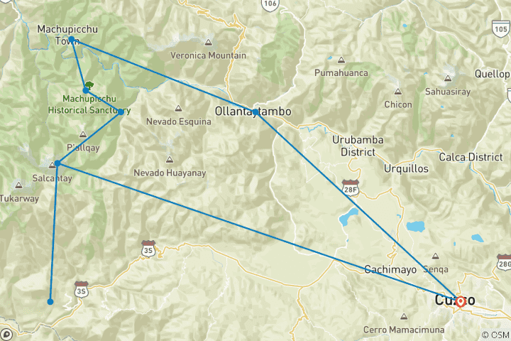 Map of Salkantay Trek & Inca Trail to Machu Picchu