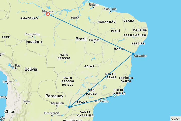 Map of 11 Nights in Rio de Janeiro, Foz do Iguazu, Salvador and Amazon