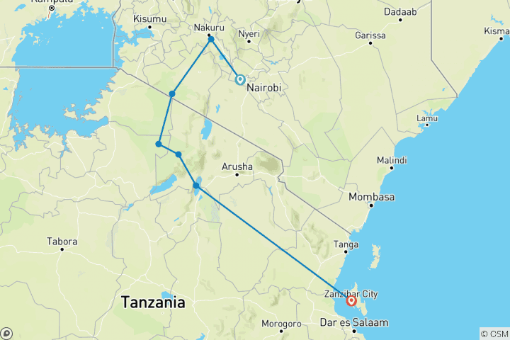 Kaart van 13 dagen van Kenia naar Tanzania en ontspanning op Zanzibar