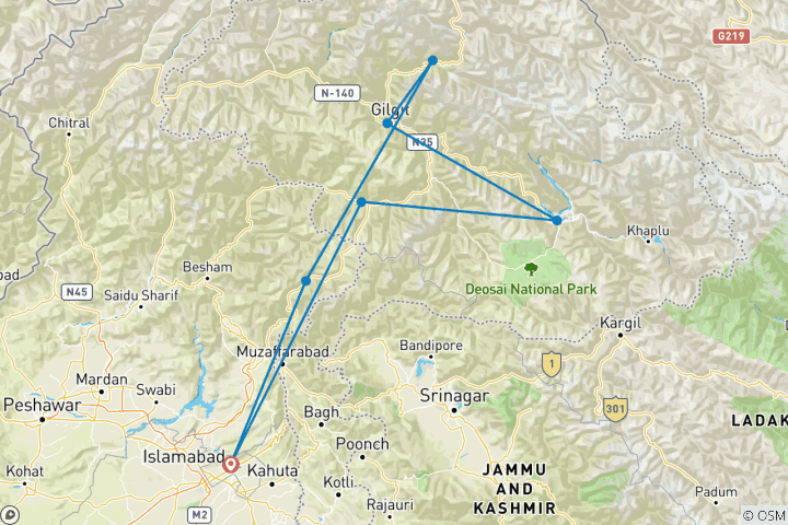 Map of 15 Days Jeep Safari Baltistan & Hunza Gojal Pakistan