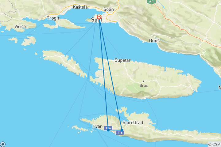 Kaart van Wandeling naar het eiland Hvar