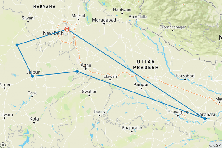 Kaart van Bijzondere rondreis door de Gouden Driehoek - Mandawa & Varanasi - all-inclusive