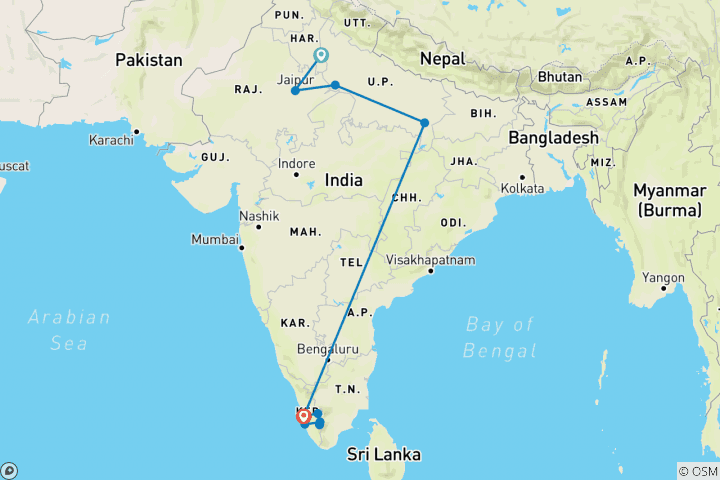 Carte du circuit Circuit du Triangle d'Or Varanasi avec Kerala Tout compris