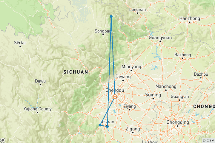 Carte du circuit 14 jours de visite à pied des sites du patrimoine mondial de l'UNESCO au Sichuan, province du Sichuan, Chine