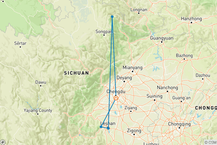 Carte du circuit 14 jours de visite à pied des sites du patrimoine mondial de l'UNESCO au Sichuan, province du Sichuan, Chine