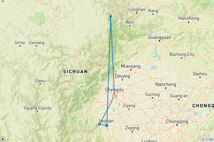 Map of 14 Day Walking Tour to Sichuan’s UNESCO World Heritages, Sichuan Province, China