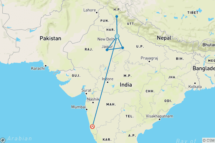 Carte du circuit Triangle d'or de l'Inde avec Goa et Toy Train