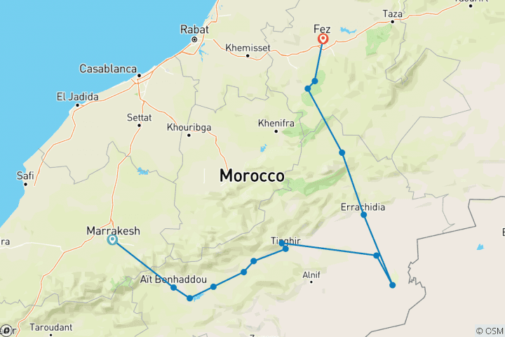 Carte du circuit Circuit dans le désert de Marrakech à Fès - Nuit dans un campement de luxe - 3 jours/2 nuits -