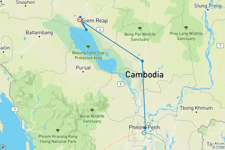 Map of Cambodia Bike Tour: Phnom Penh to Angkor Wat