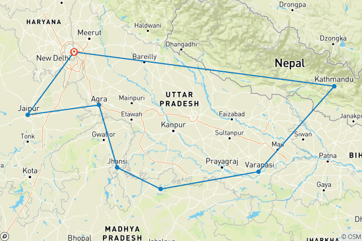 Kaart van Luxueuze Gouden Driehoek-rondreis - incl. Varanasi & Nepal - all-inclusive