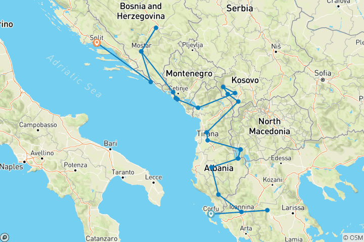 Kaart van Rondreis door zeven Balkanlanden - van Corfu naar Dubrovnik of Split - 14 dagen