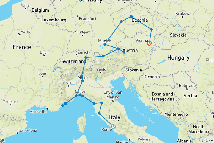 Map of Flavors of Europe: Semi – Private Tour from Rome to Vienna in 14 Days