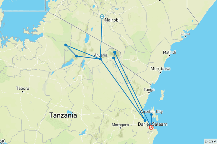 Karte von Serengeti nach Sansibar (mit Unterkunft) - 10 Tage