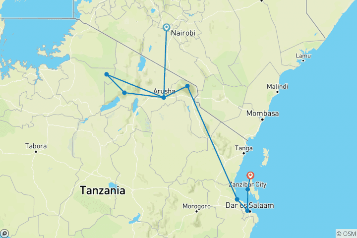 Map of 10-day Serengeti to Zanzibar (Camping)