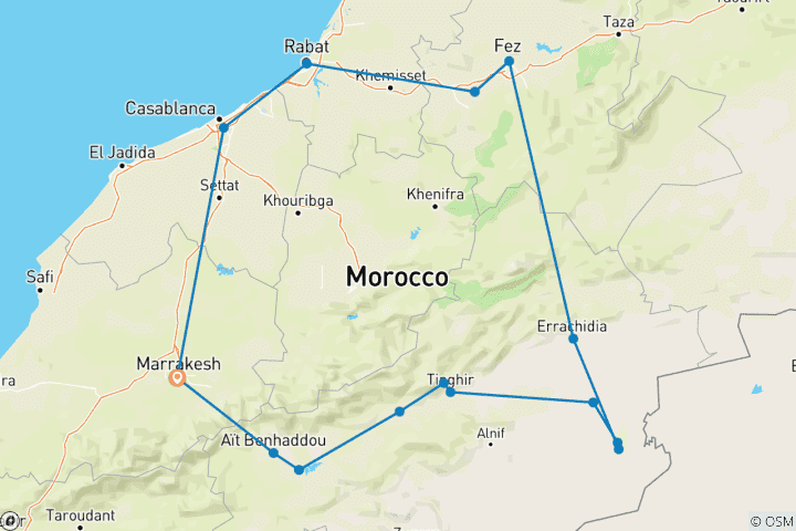 Carte du circuit Circuit de découverte des villes impériales et du Sahara au départ de Marrakech