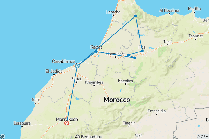 Carte du circuit Circuit de 6 jours au Maroc (visite guidée/hôtels de qualité supérieure)