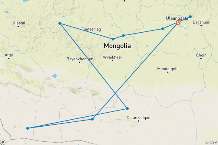 Map of Tailor-Made Mongolia Highlights Tour with Private Guide and Driver