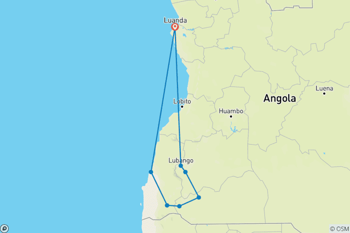 Mapa de Safari de 6 días / 5 noches por Namibe, Cunene y Lubango