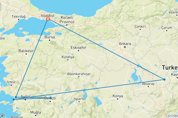 Carte du circuit Cappadoce, Éphèse et Pamukkale en 5 jours