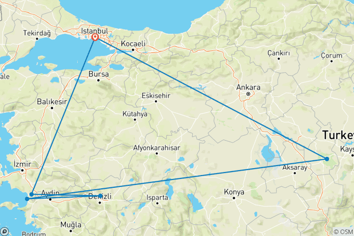 Map of Cappadocia, Ephesus and Pamukkale in 5 Days