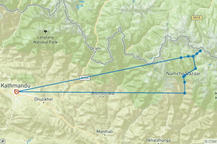 Mapa de Circuito en helicóptero al campamento base del Everest y Gokyo