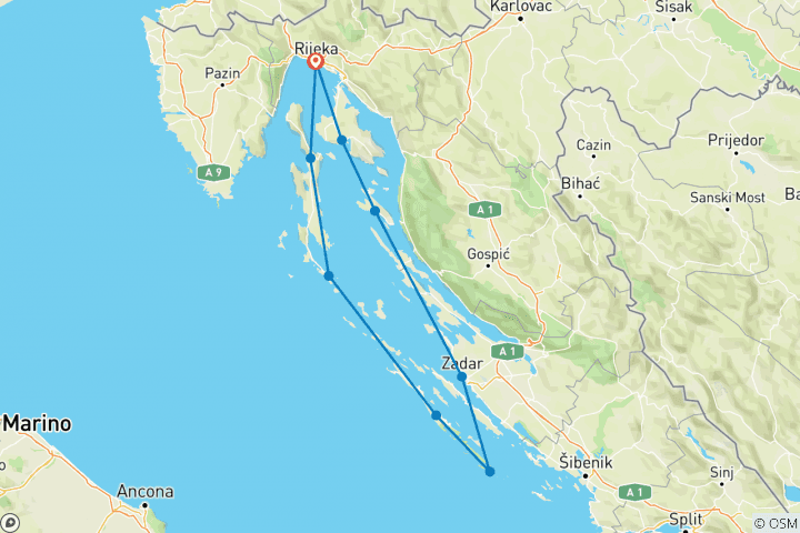 Carte du circuit Croisière de luxe sur les îles Kvarner et la Dalmatie du Nord