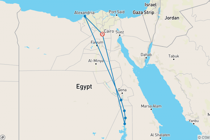 Kaart van 9-daagse Cairo, Alexandrië & Nijlcruise Rondreis met vlucht