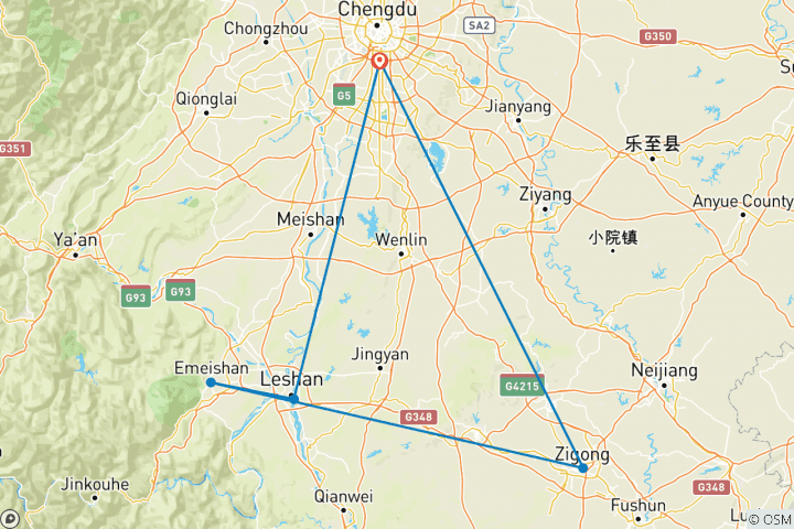 Map of 8-Day Sightseeing Tour around Chengdu, Sichuan Province, China