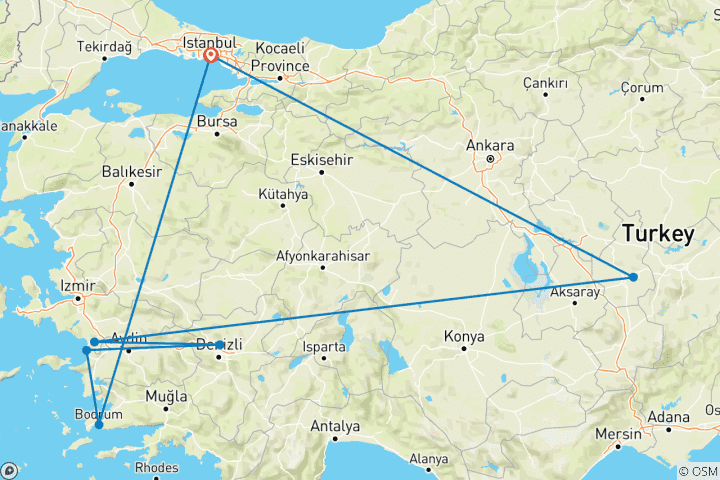 Map of 10 Days Istanbul, Cappadocia, Ephesus, Pamukkale and Bodrum