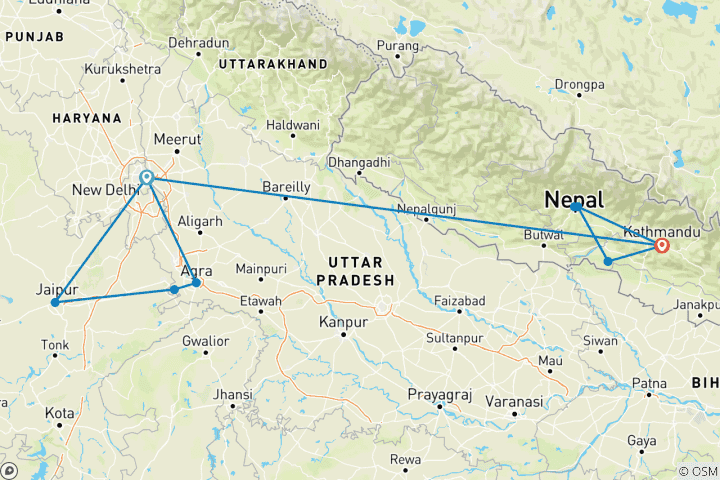 Map of Incredible India Tour With Magical Nepal - 14 Days