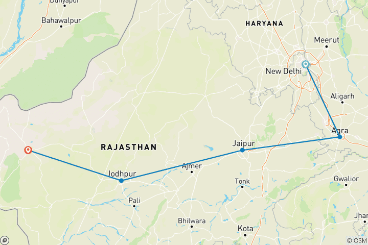 Mapa de Circuito de 7-8 Días por Delhi, Agra, Jaipur y Jaisalmer [Rajastán]