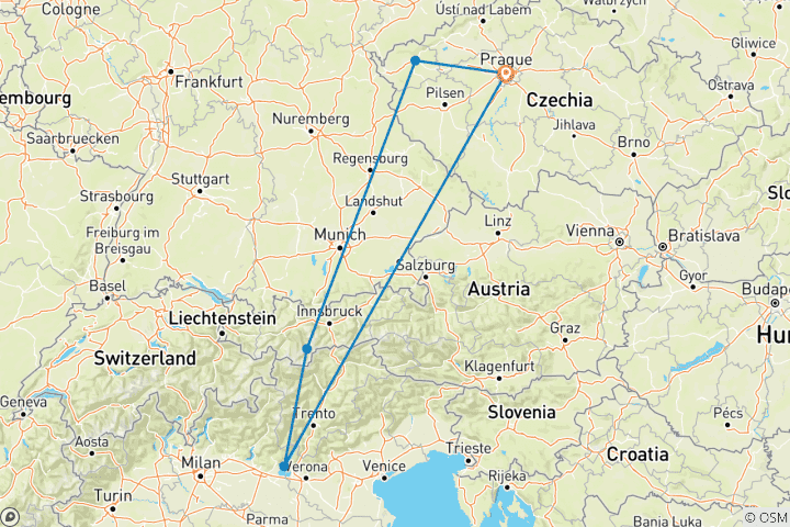 Karte von Europa Privatrundreise: Prag - Österreich - Italien