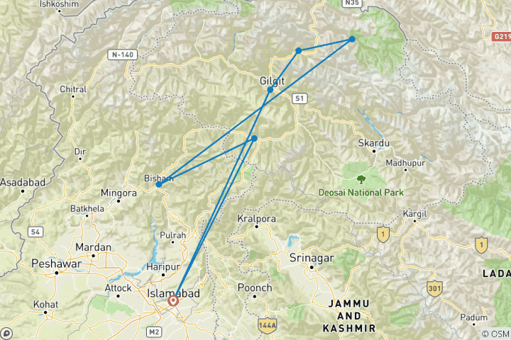 Carte du circuit Safari de 18 jours en Yak - Shimshal Pass 4735m Hunza Pakistan