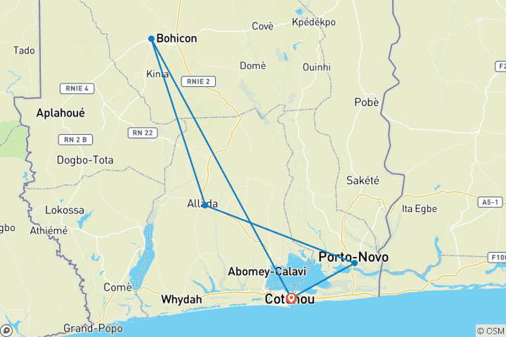 Carte du circuit Expéditions au Bénin 23Jours/22Nuits