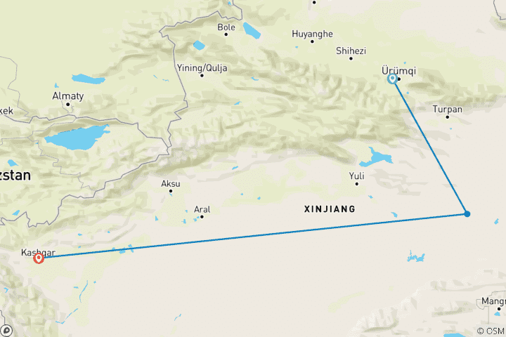 Map of Budget Xinjiang Tour: Urumqi, Turpan and Kashgar 6 Days