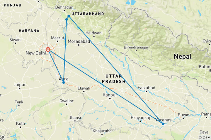 Map of Yoga & Meditation & Spiritual India  - 12 Days