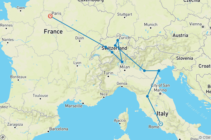 Map of 10-Day Italy, Switzerland and Paris Tour from Rome and End in Paris