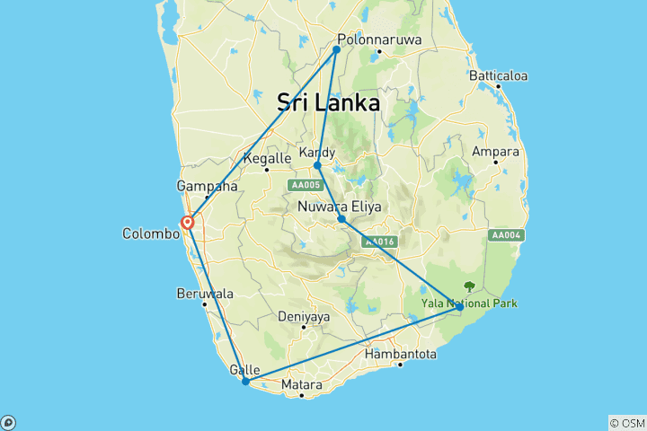 Map of Essential Sri Lanka 7 Day Private Car Tour